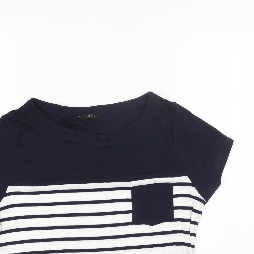 M&Co Womens White Striped Viscose Basic T-Shirt Size 14 Boat Neck
