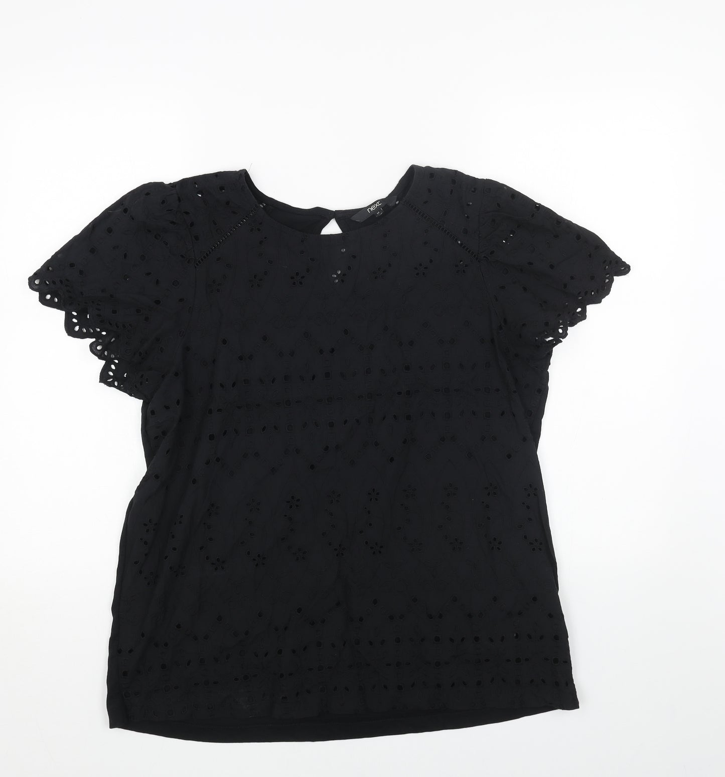 NEXT Womens Black Cotton Basic Blouse Size 16 Round Neck - Broderie Anglaise
