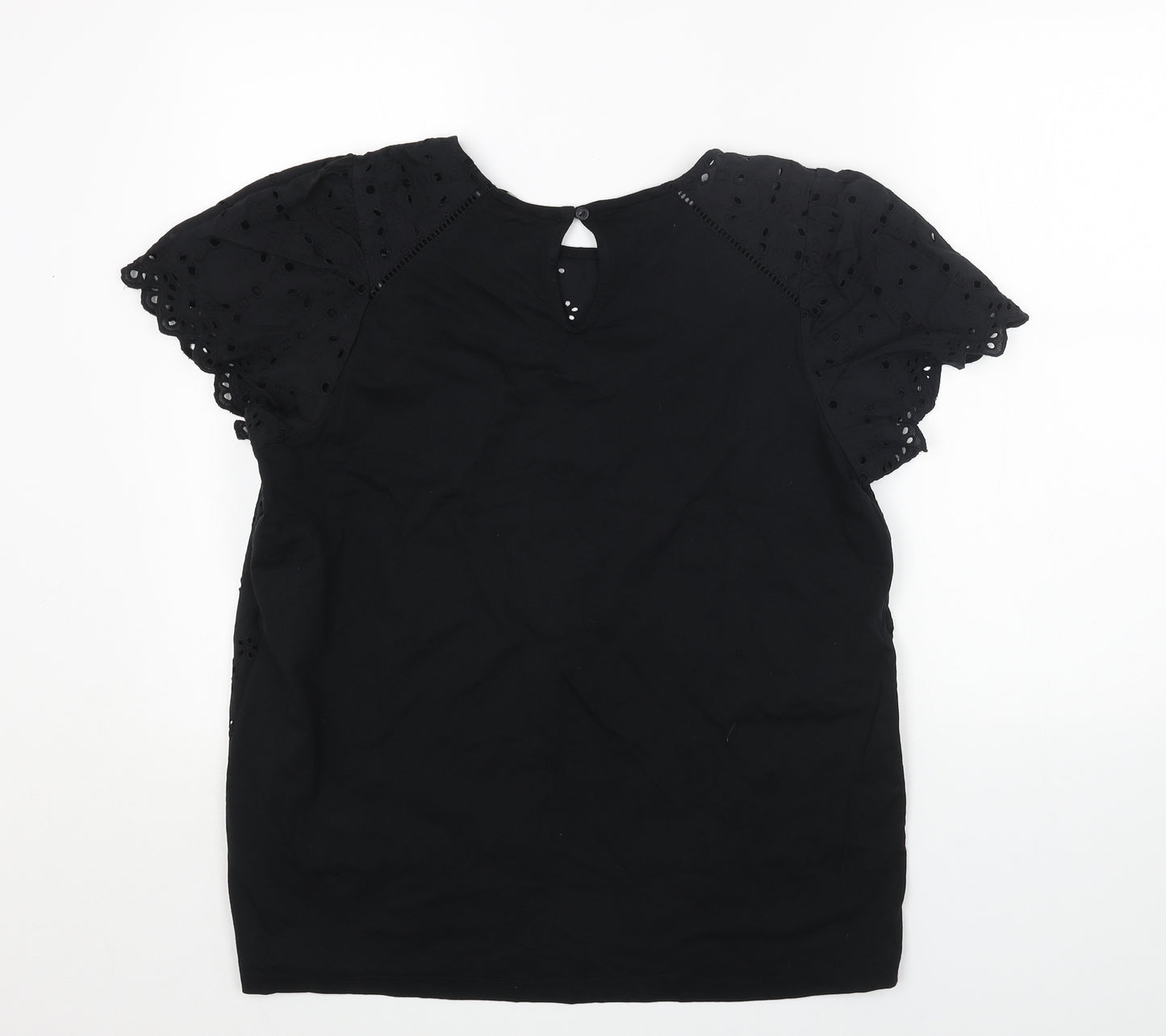 NEXT Womens Black Cotton Basic Blouse Size 16 Round Neck - Broderie Anglaise