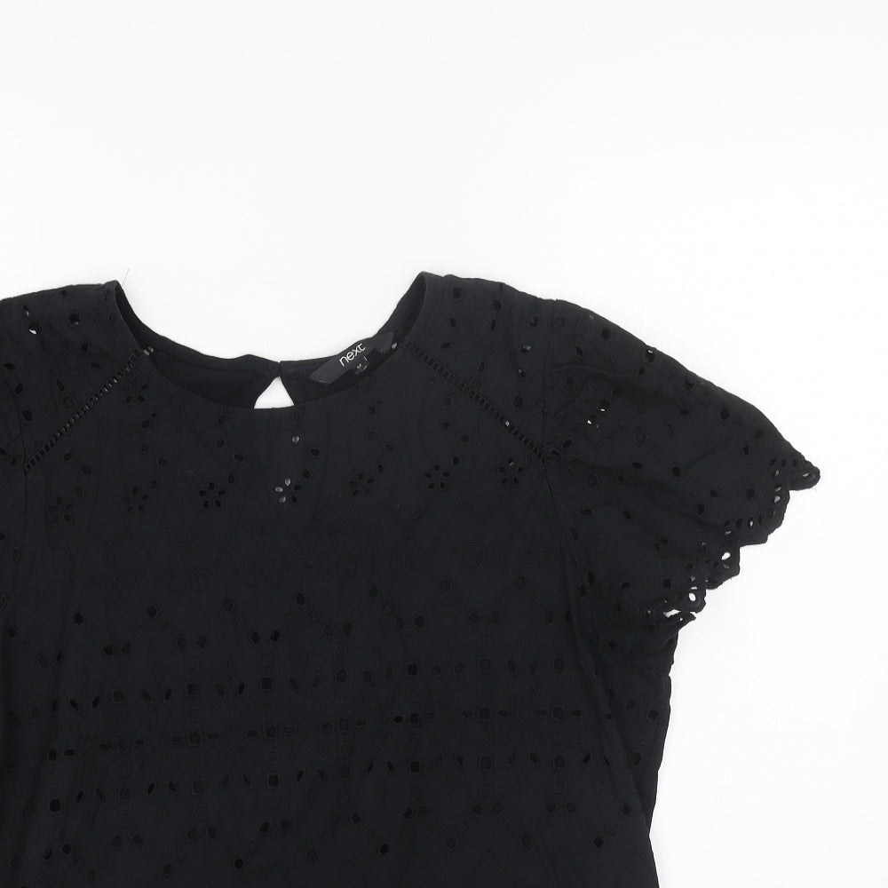 NEXT Womens Black Cotton Basic Blouse Size 16 Round Neck - Broderie Anglaise