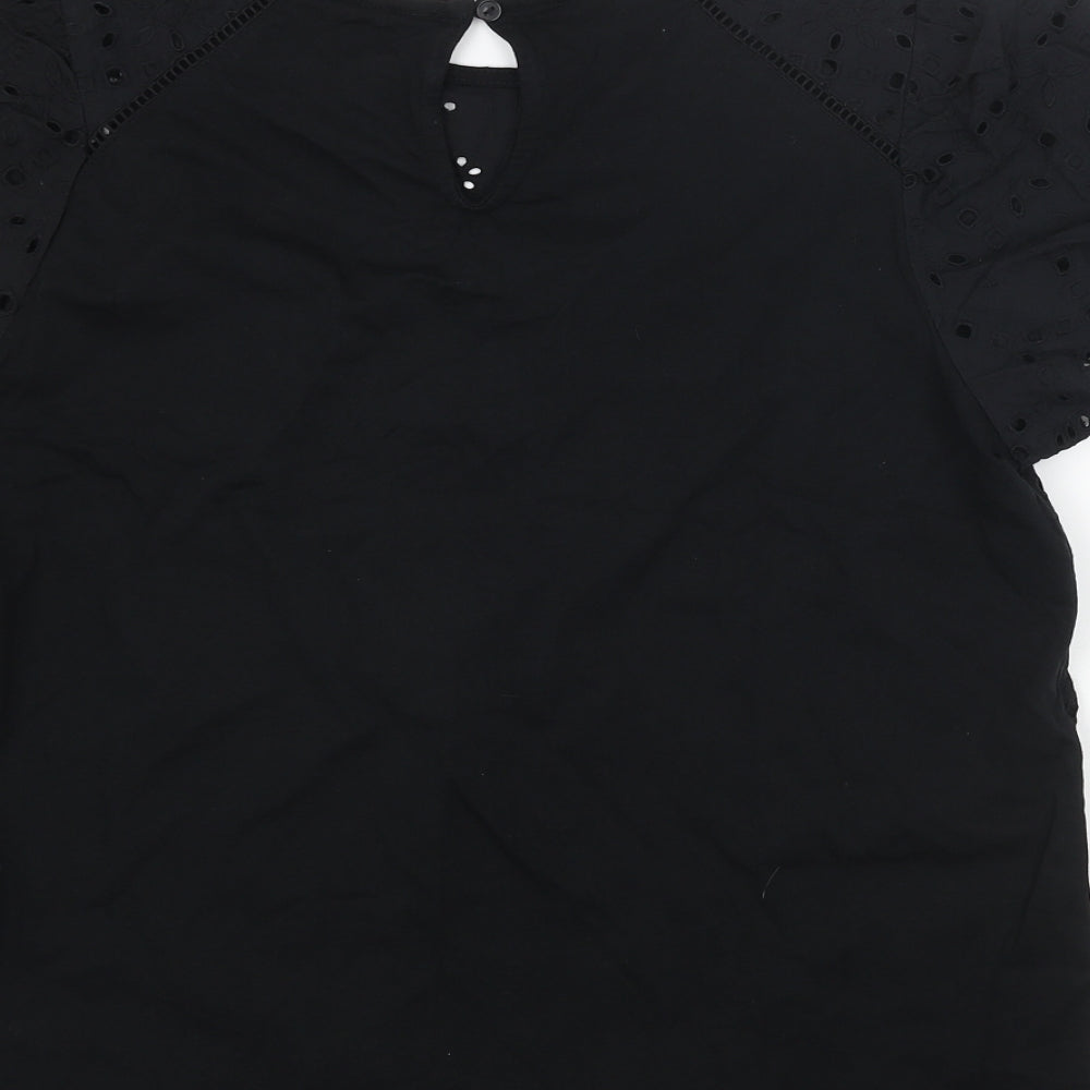 NEXT Womens Black Cotton Basic Blouse Size 16 Round Neck - Broderie Anglaise