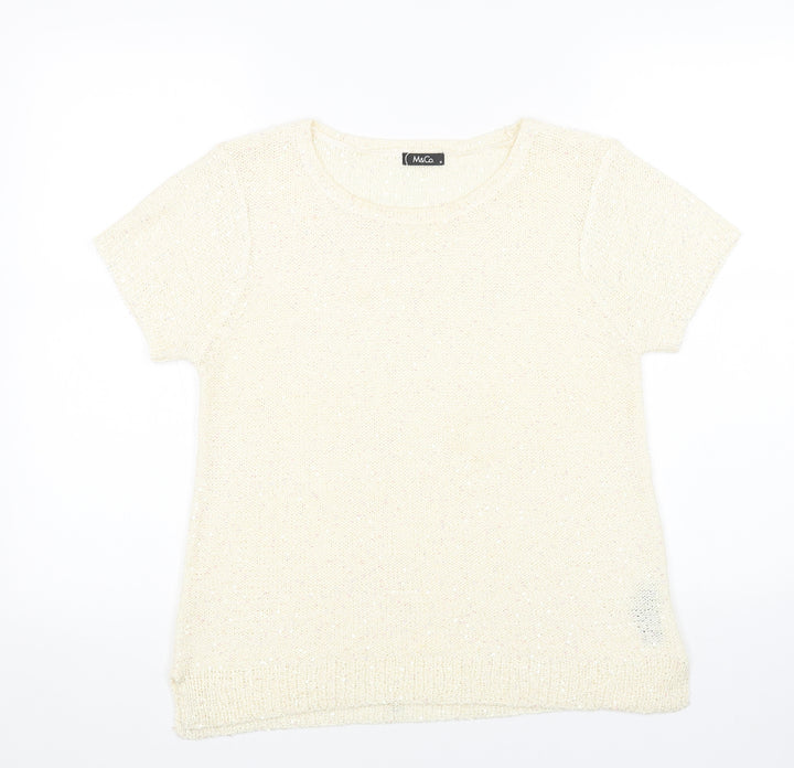 M&Co Womens White Scoop Neck Acrylic Pullover Jumper Size 14