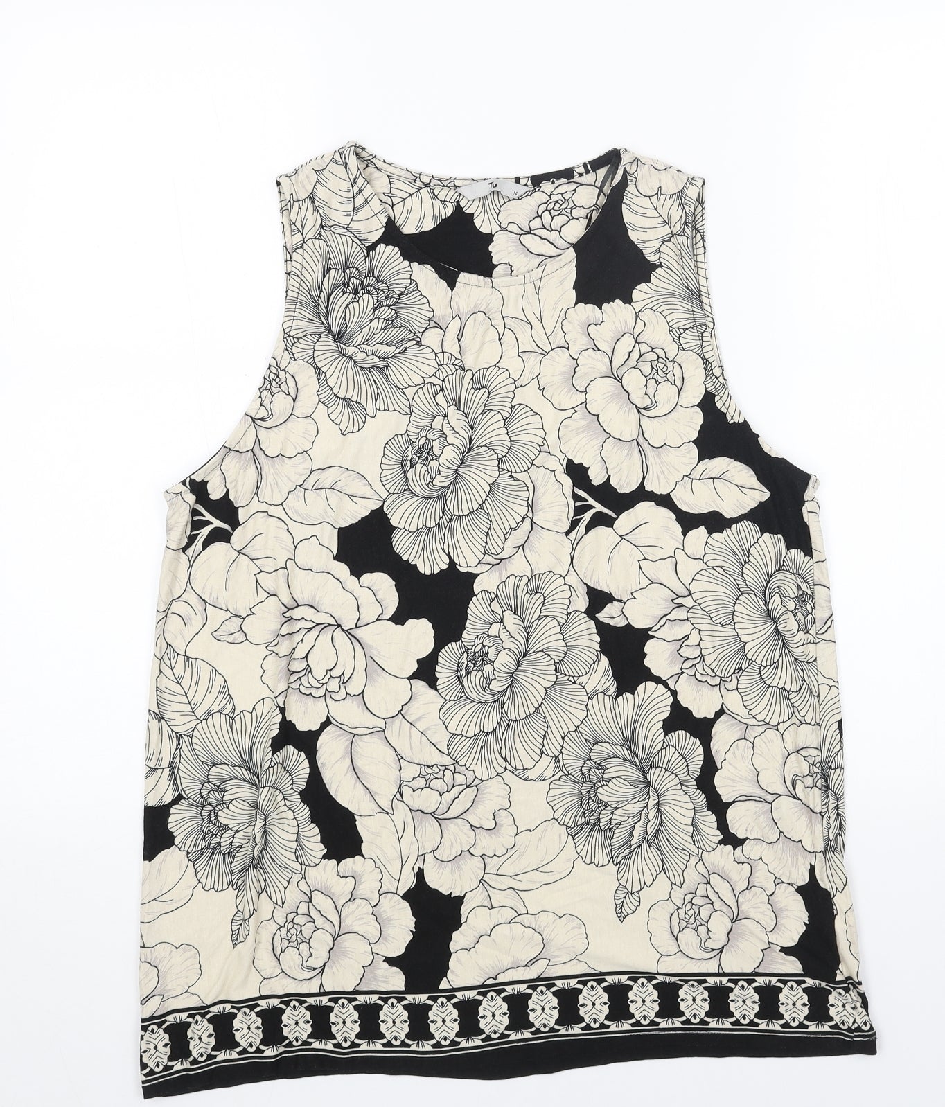 TU Womens Black Floral Viscose Basic Tank Size 14 Boat Neck