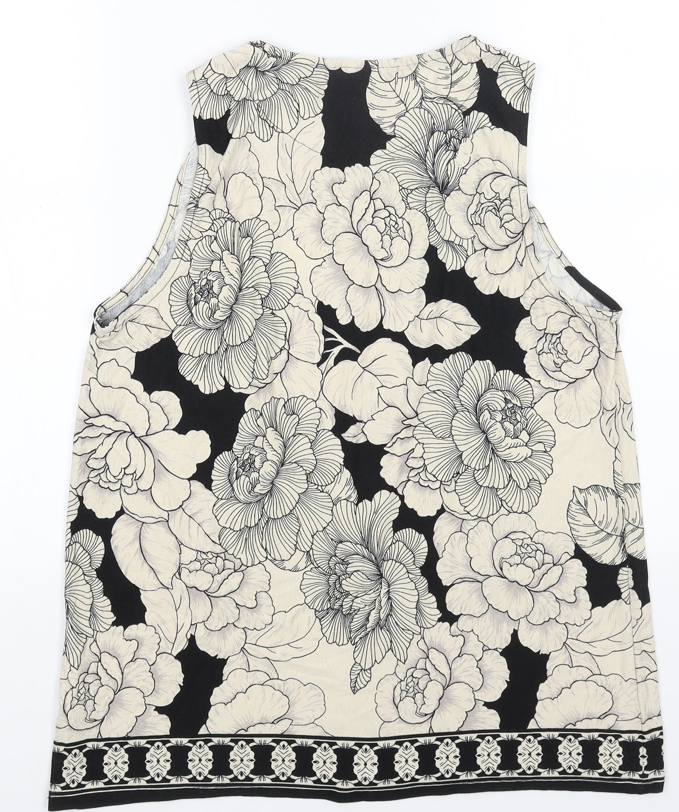 TU Womens Black Floral Viscose Basic Tank Size 14 Boat Neck