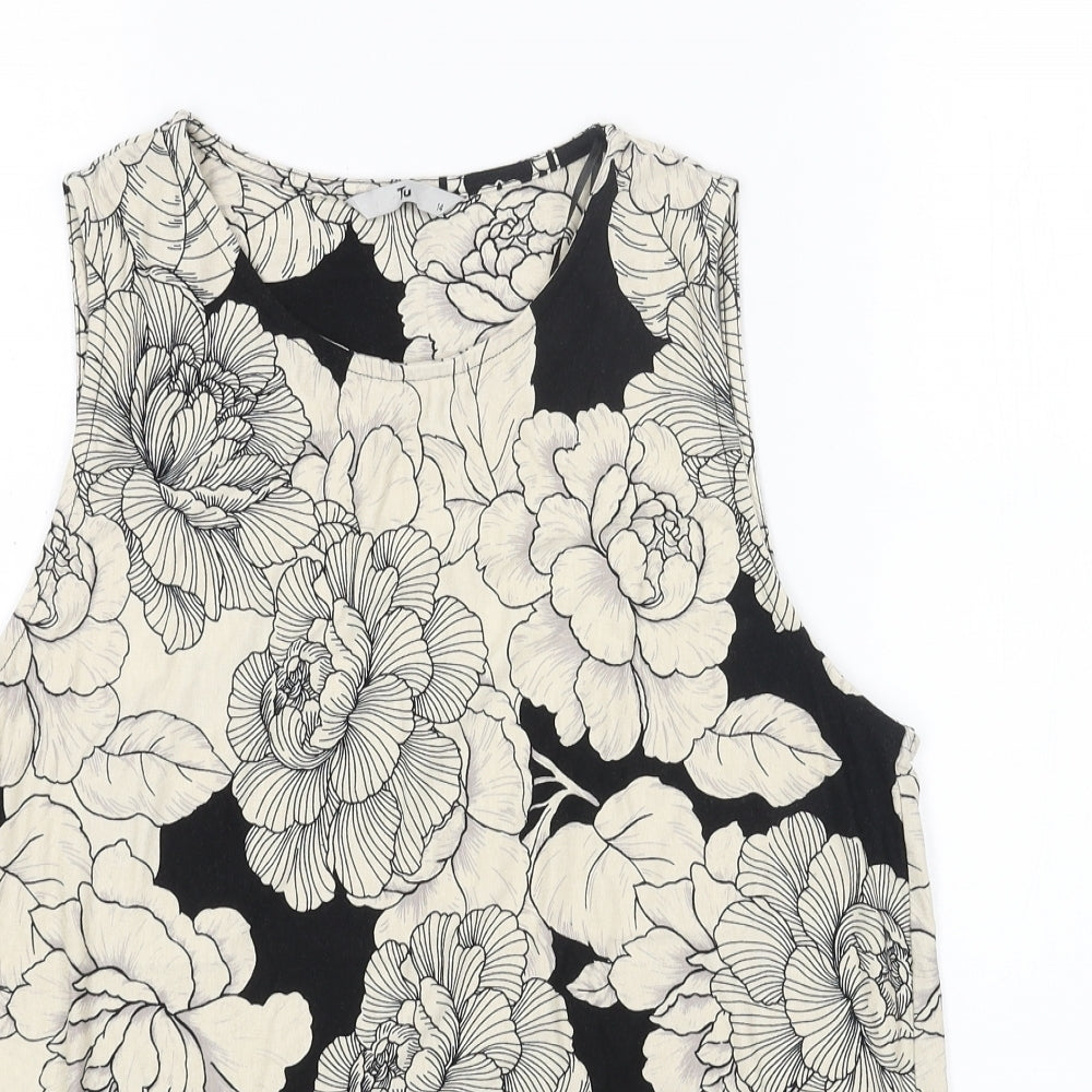 TU Womens Black Floral Viscose Basic Tank Size 14 Boat Neck