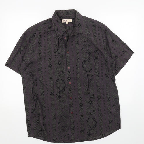 EWM Womens Blue Geometric Cotton Basic Button-Up Size M Collared