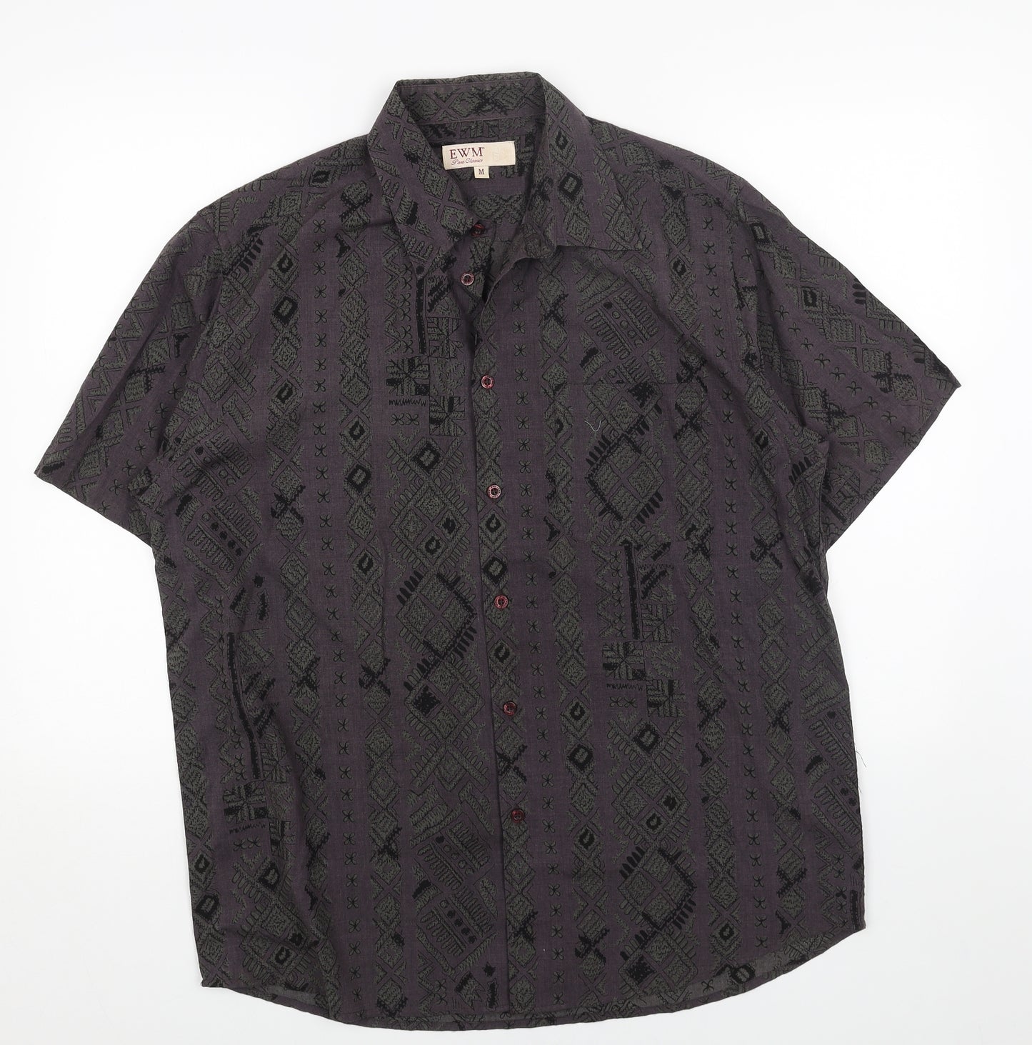 EWM Womens Blue Geometric Cotton Basic Button-Up Size M Collared