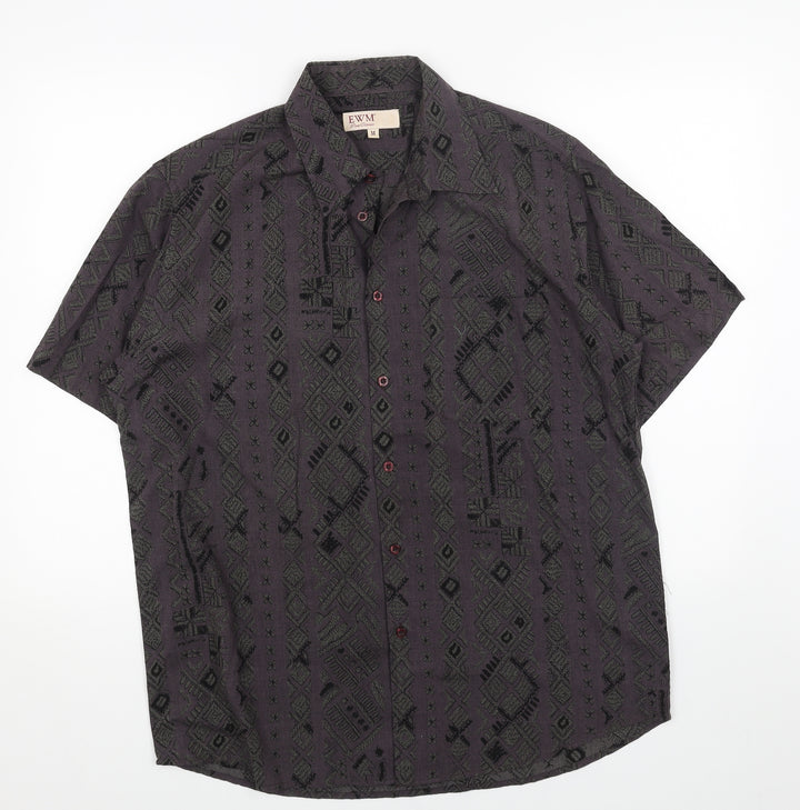 EWM Womens Blue Geometric Cotton Basic Button-Up Size M Collared