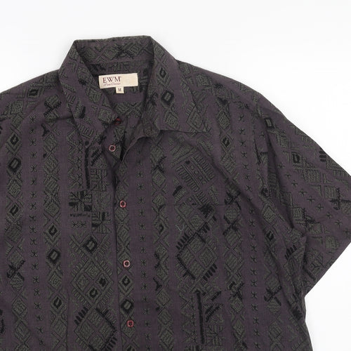 EWM Womens Blue Geometric Cotton Basic Button-Up Size M Collared