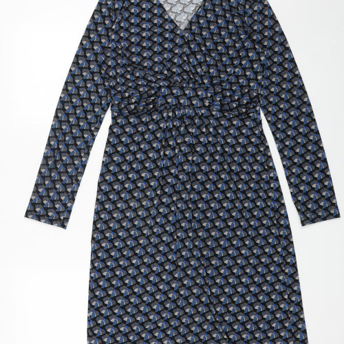 Lily & Me Womens Blue Geometric Viscose Fit & Flare Size 10 V-Neck Pullover