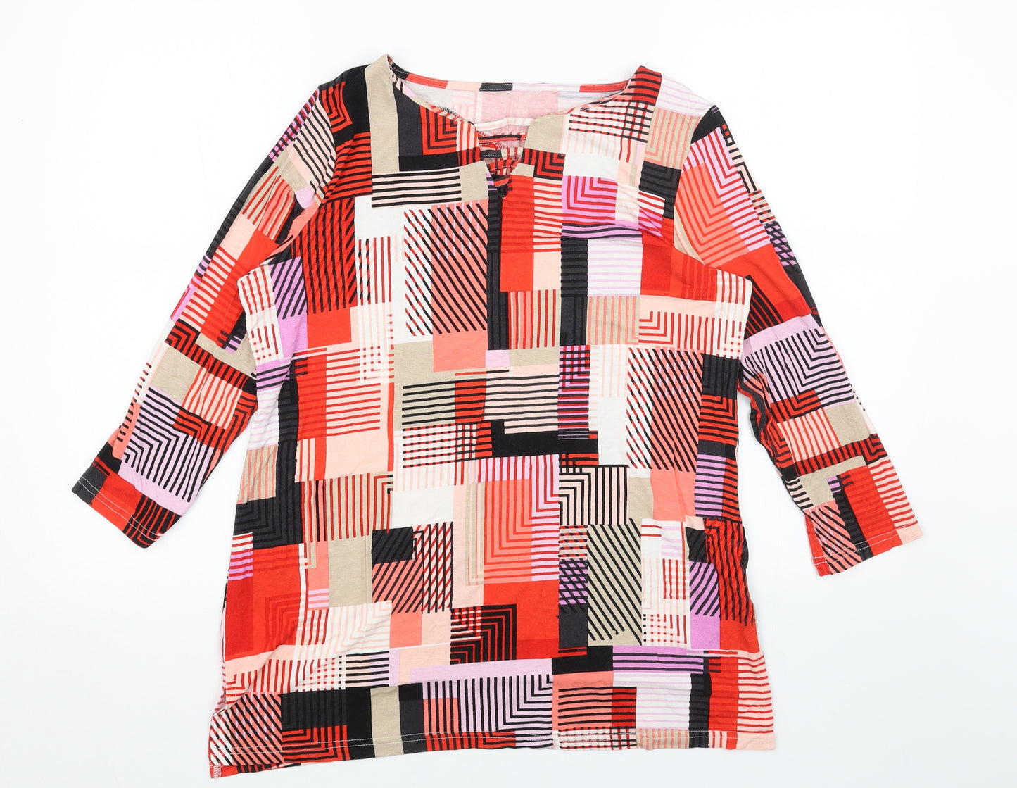 Preworn Womens Red Geometric Viscose Basic T-Shirt Size M Round Neck