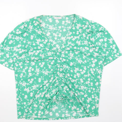 Papaya Womens Green Floral Polyester Basic T-Shirt Size 2XS V-Neck