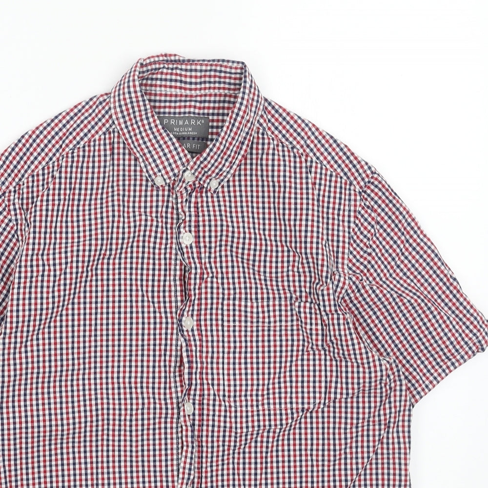 Primark Mens Red Plaid Cotton Button-Up Size M Collared Button