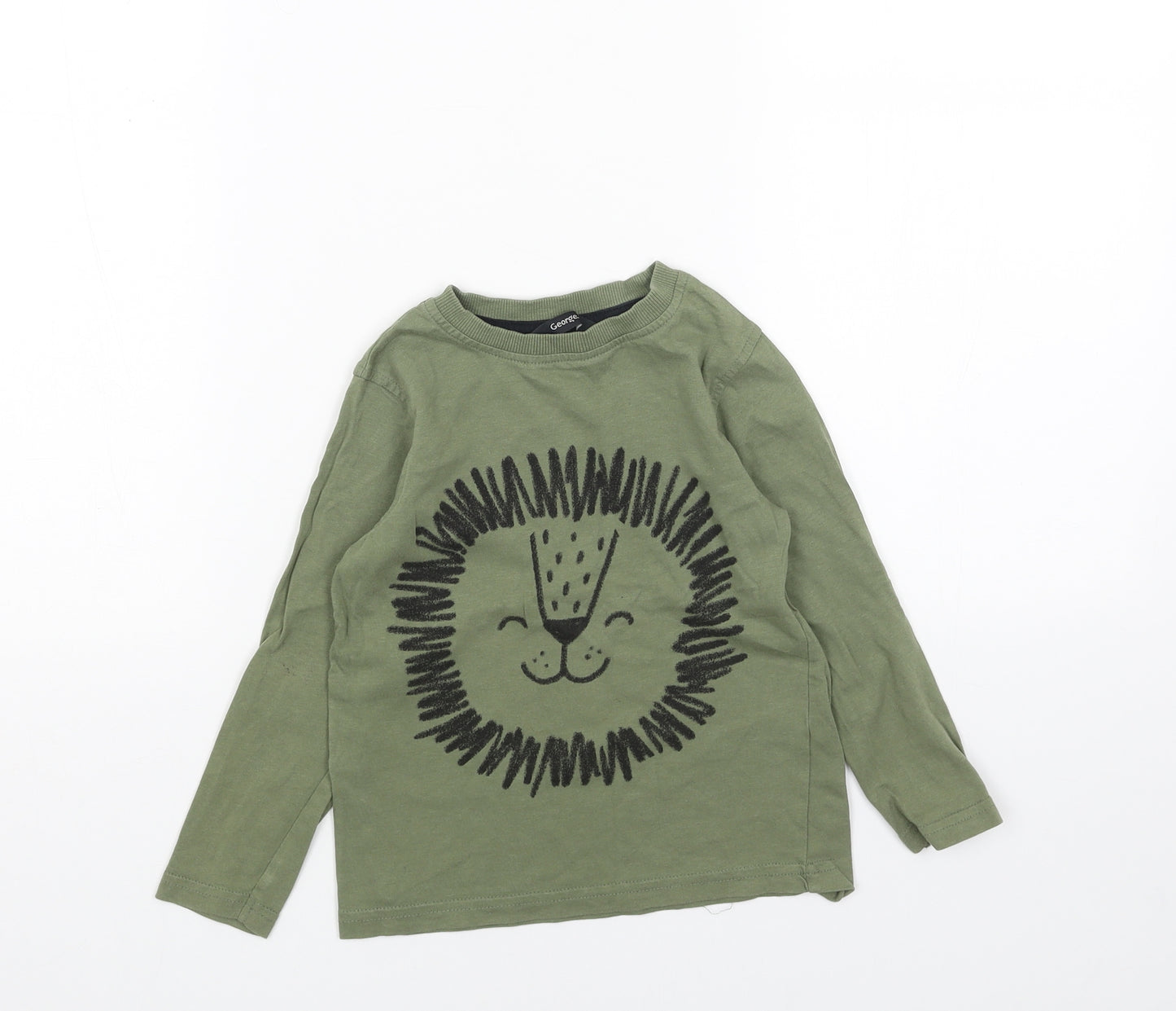 George Girls Green Cotton Basic T-Shirt Size 3-4 Years Round Neck Pullover - Lion