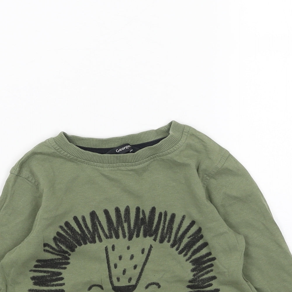 George Girls Green Cotton Basic T-Shirt Size 3-4 Years Round Neck Pullover - Lion