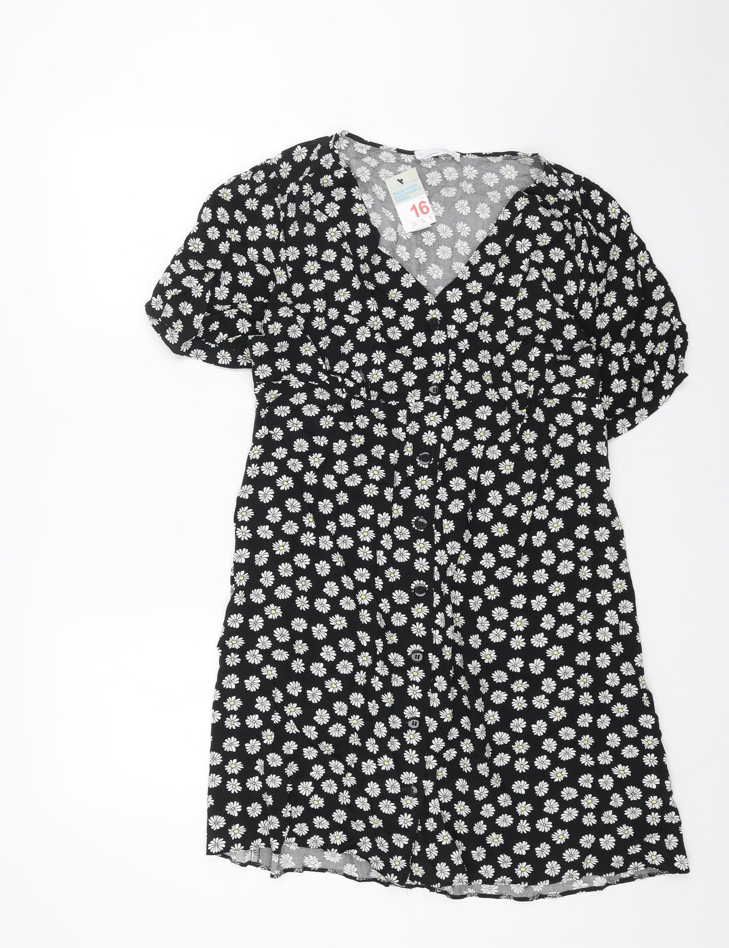 Primark Womens Black Floral Viscose Shift Size 16 V-Neck Button