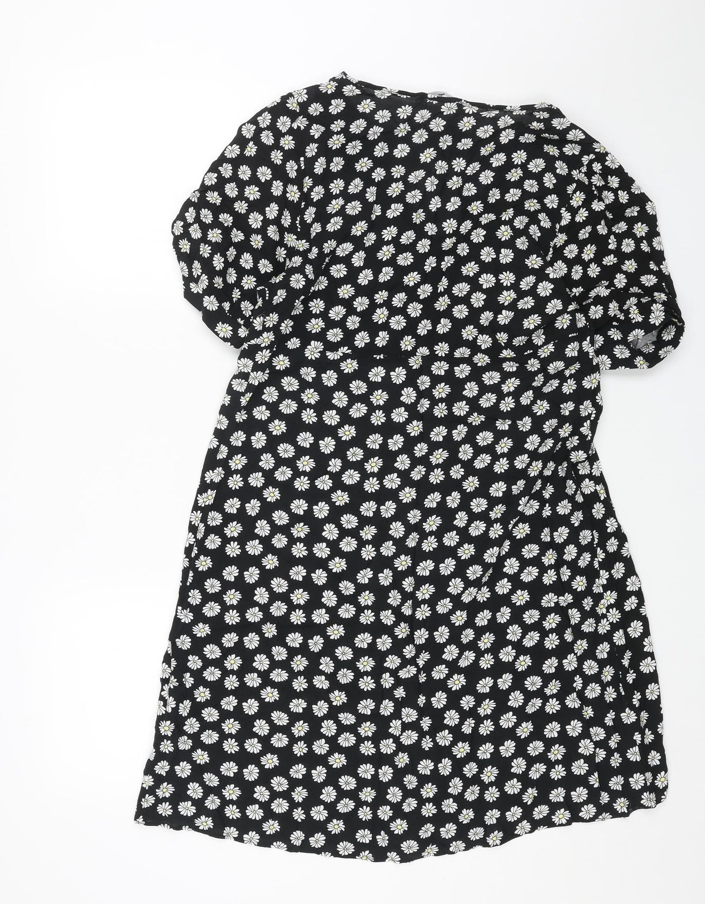 Primark Womens Black Floral Viscose Shift Size 16 V-Neck Button