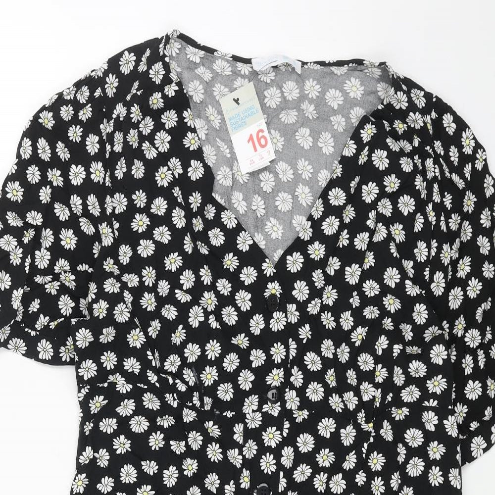 Primark Womens Black Floral Viscose Shift Size 16 V-Neck Button
