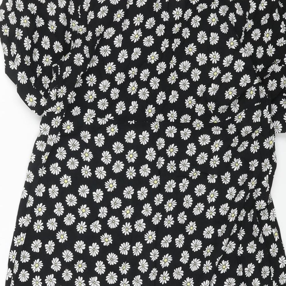 Primark Womens Black Floral Viscose Shift Size 16 V-Neck Button