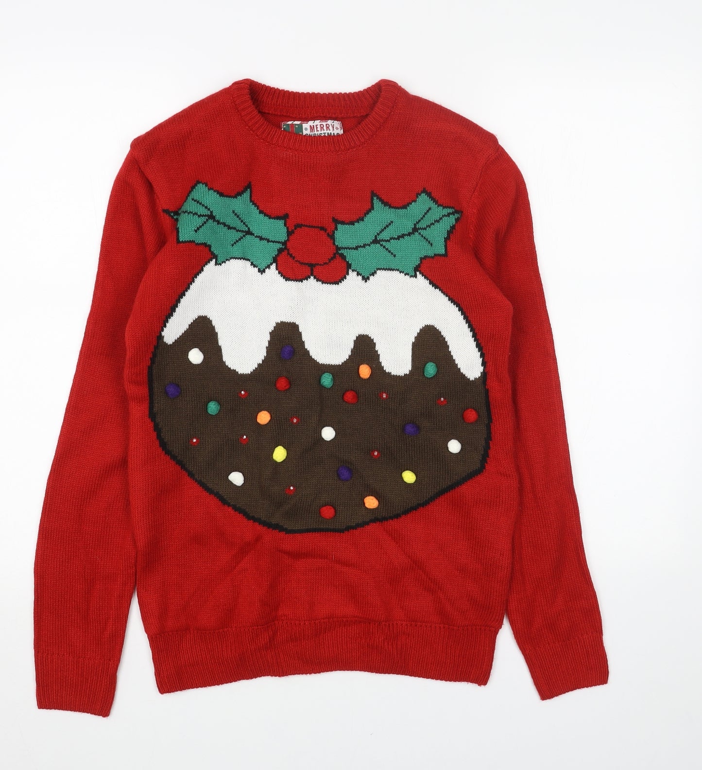 Preworn Womens Red Round Neck Acrylic Pullover Jumper Size XS - Christmas Pudding