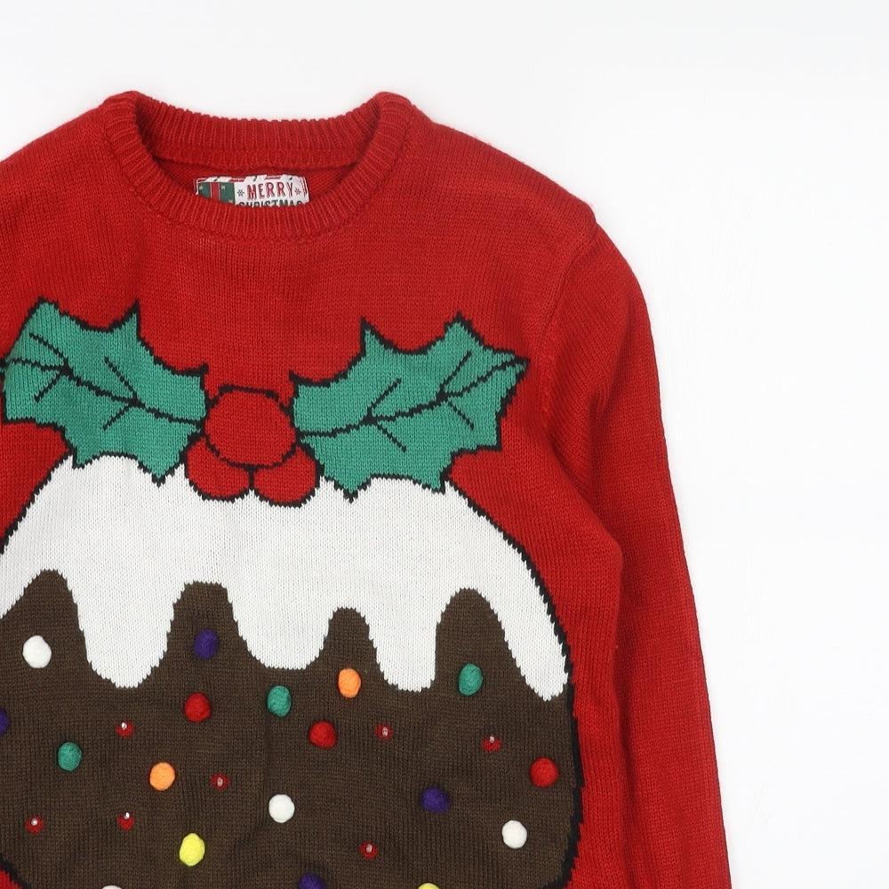 Preworn Womens Red Round Neck Acrylic Pullover Jumper Size XS - Christmas Pudding