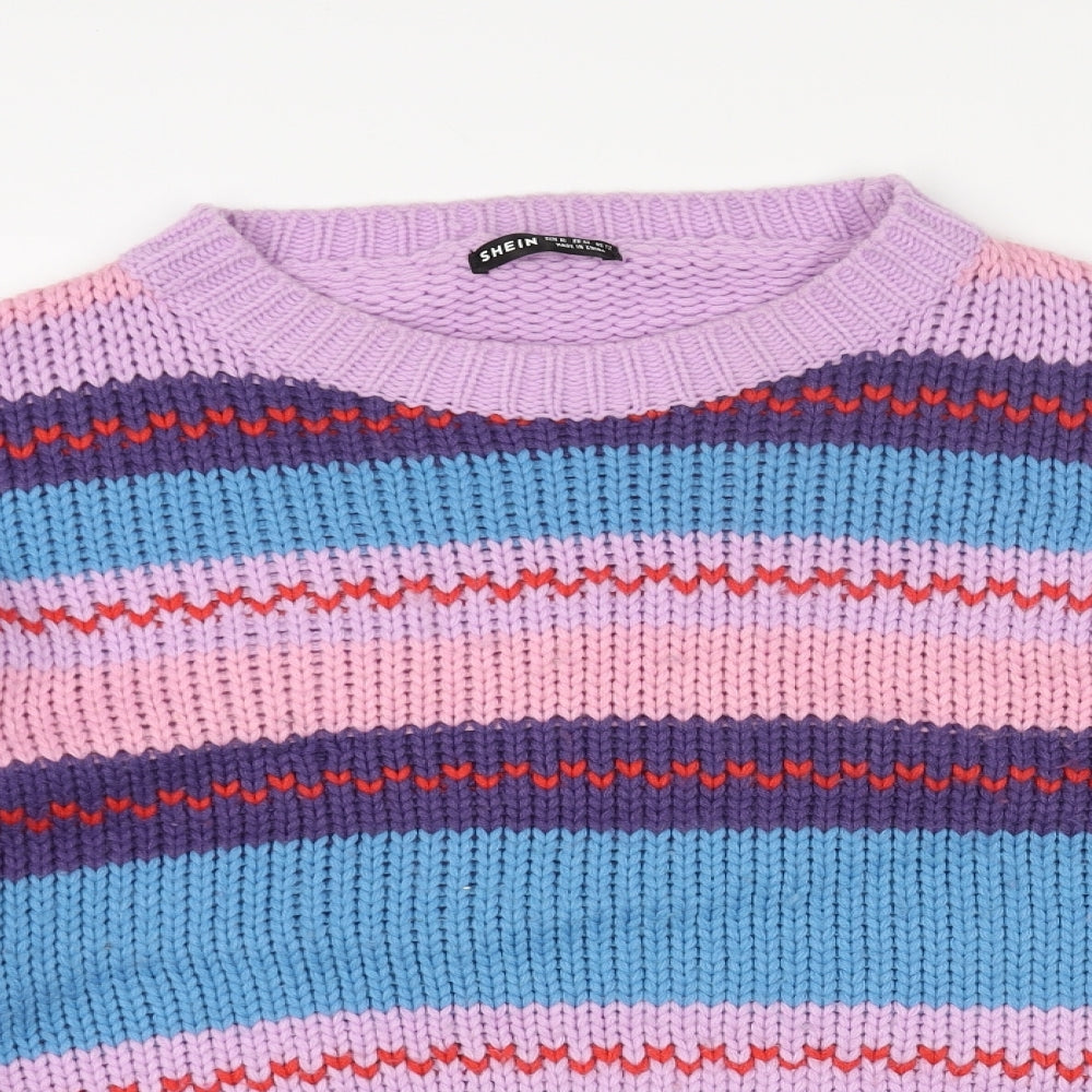 SheIn Womens Purple Round Neck Striped Acrylic Pullover Jumper Size XL
