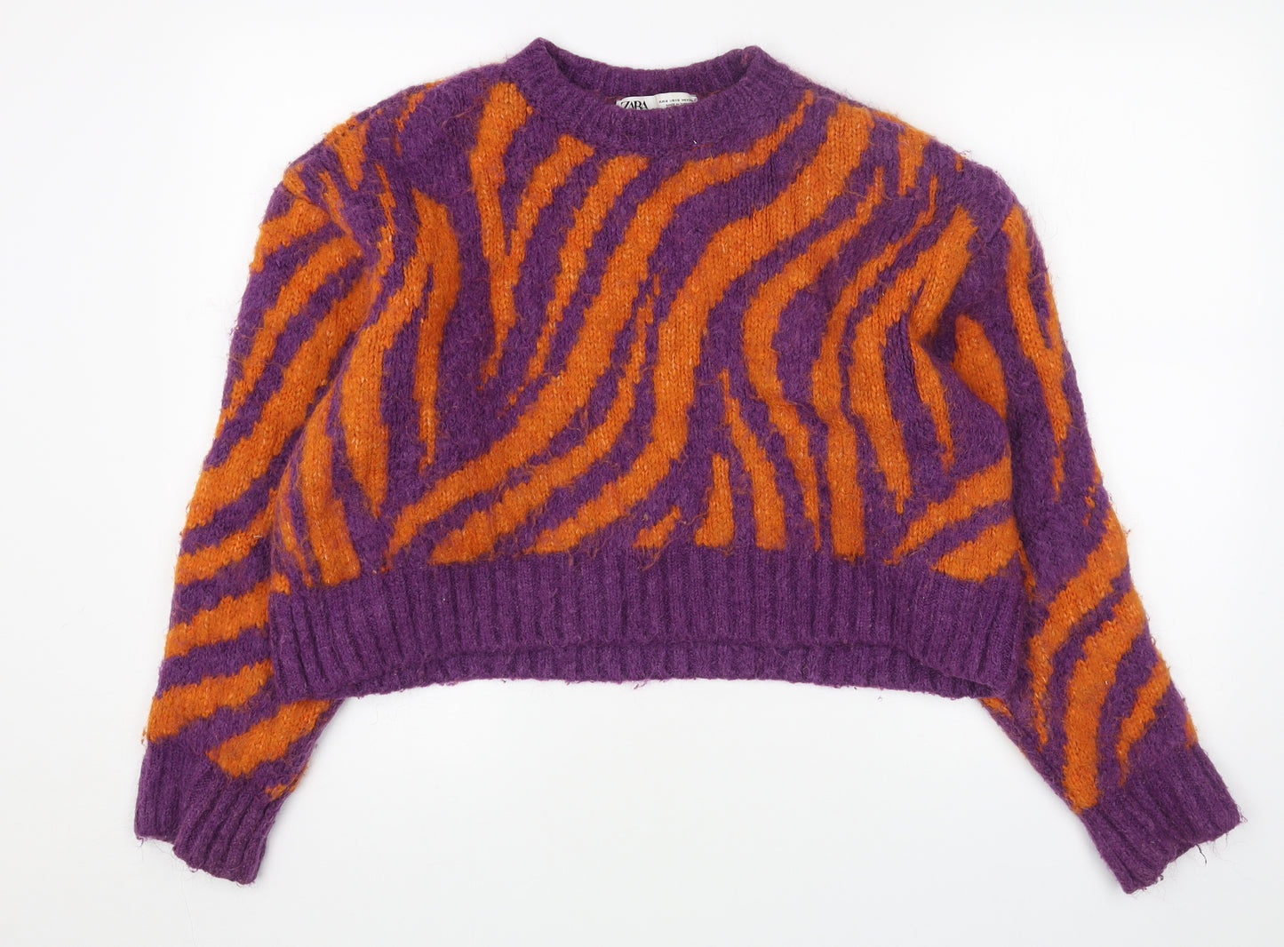 Zanzara Womens Orange Round Neck Animal Print Acrylic Pullover Jumper Size S - Tiger Pattern