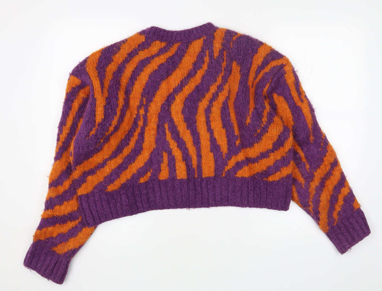 Zanzara Womens Orange Round Neck Animal Print Acrylic Pullover Jumper Size S - Tiger Pattern