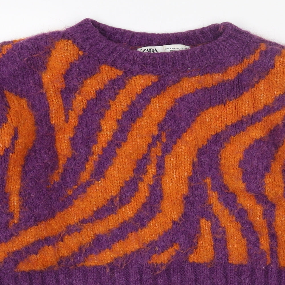 Zanzara Womens Orange Round Neck Animal Print Acrylic Pullover Jumper Size S - Tiger Pattern