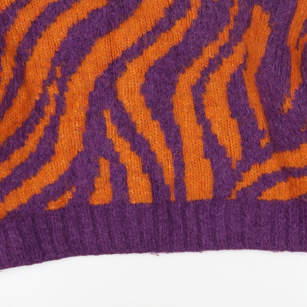 Zanzara Womens Orange Round Neck Animal Print Acrylic Pullover Jumper Size S - Tiger Pattern