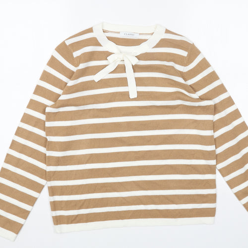 Marks and Spencer Womens Beige Round Neck Striped Acrylic Pullover Jumper Size 12