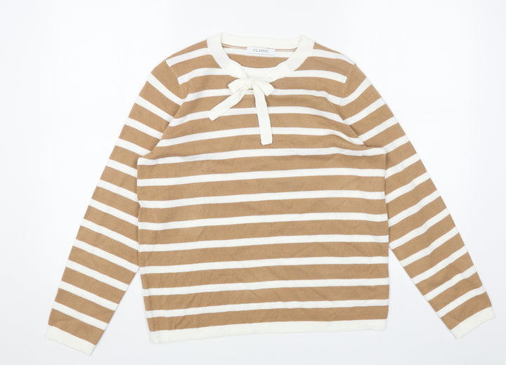 Marks and Spencer Womens Beige Round Neck Striped Acrylic Pullover Jumper Size 12