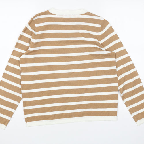 Marks and Spencer Womens Beige Round Neck Striped Acrylic Pullover Jumper Size 12