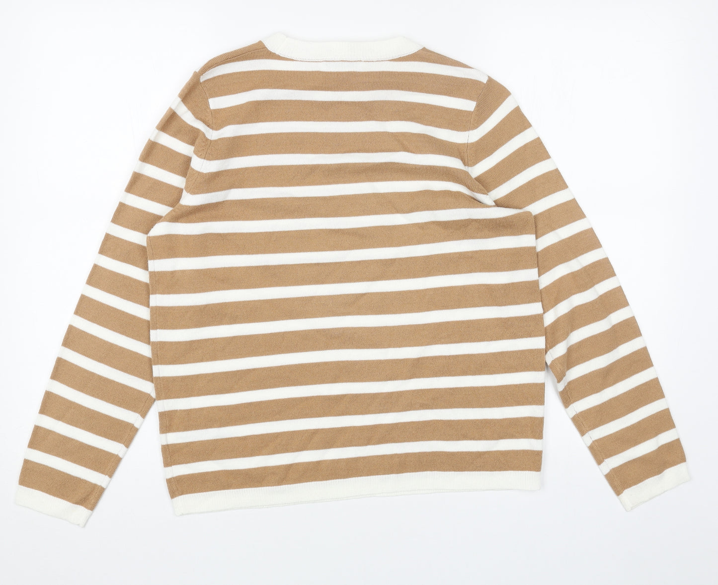 Marks and Spencer Womens Beige Round Neck Striped Acrylic Pullover Jumper Size 12