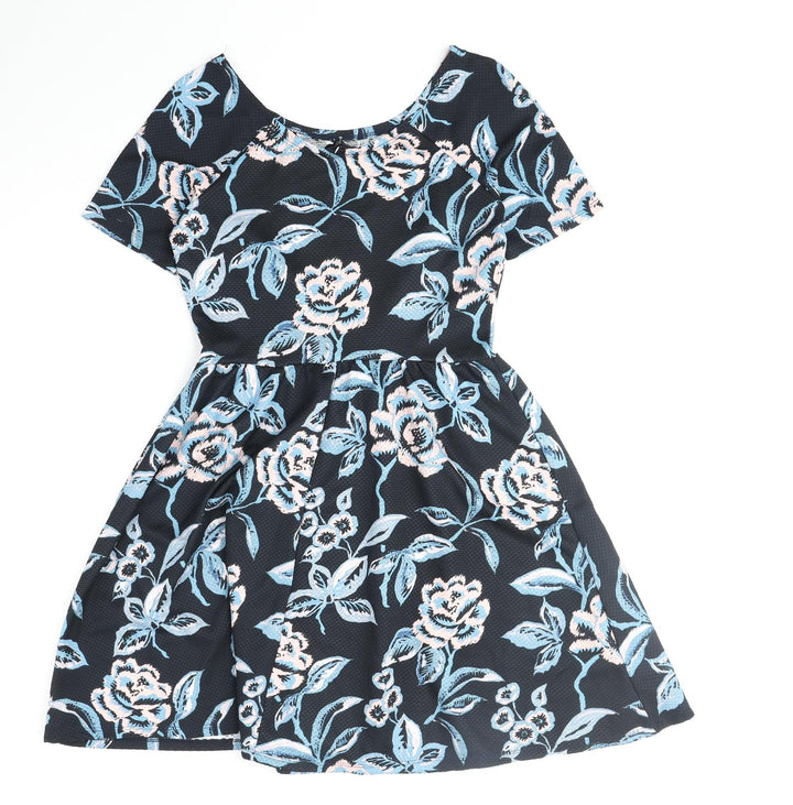 Dorothy Perkins Womens Blue Floral Polyester Fit & Flare Size 10 Scoop Neck Pullover