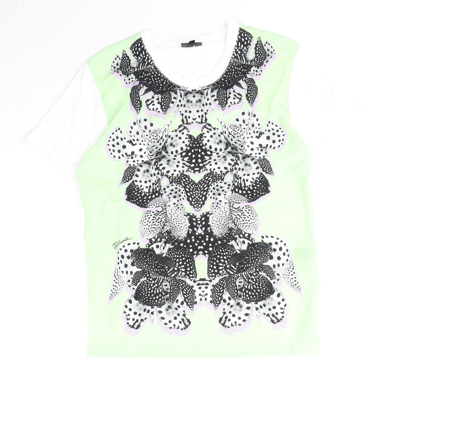 Just Cavalli Womens Green Polyester Basic T-Shirt Size S Round Neck - Flower Detail