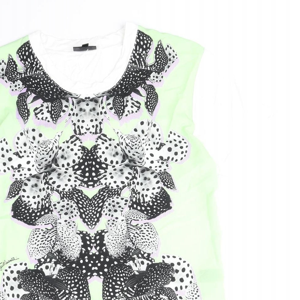 Just Cavalli Womens Green Polyester Basic T-Shirt Size S Round Neck - Flower Detail