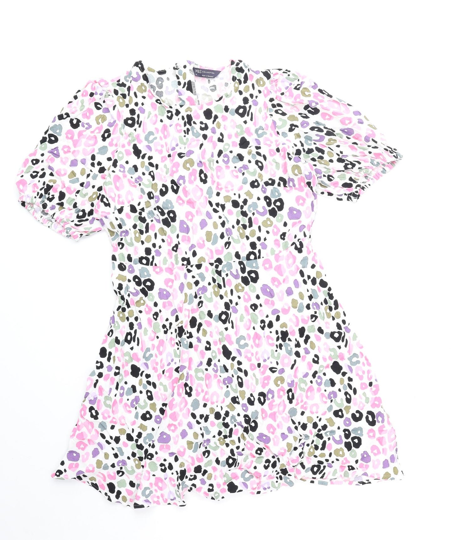Marks and Spencer Womens Pink Animal Print Viscose Skater Dress Size 16 Round Neck Zip - Leopard Print