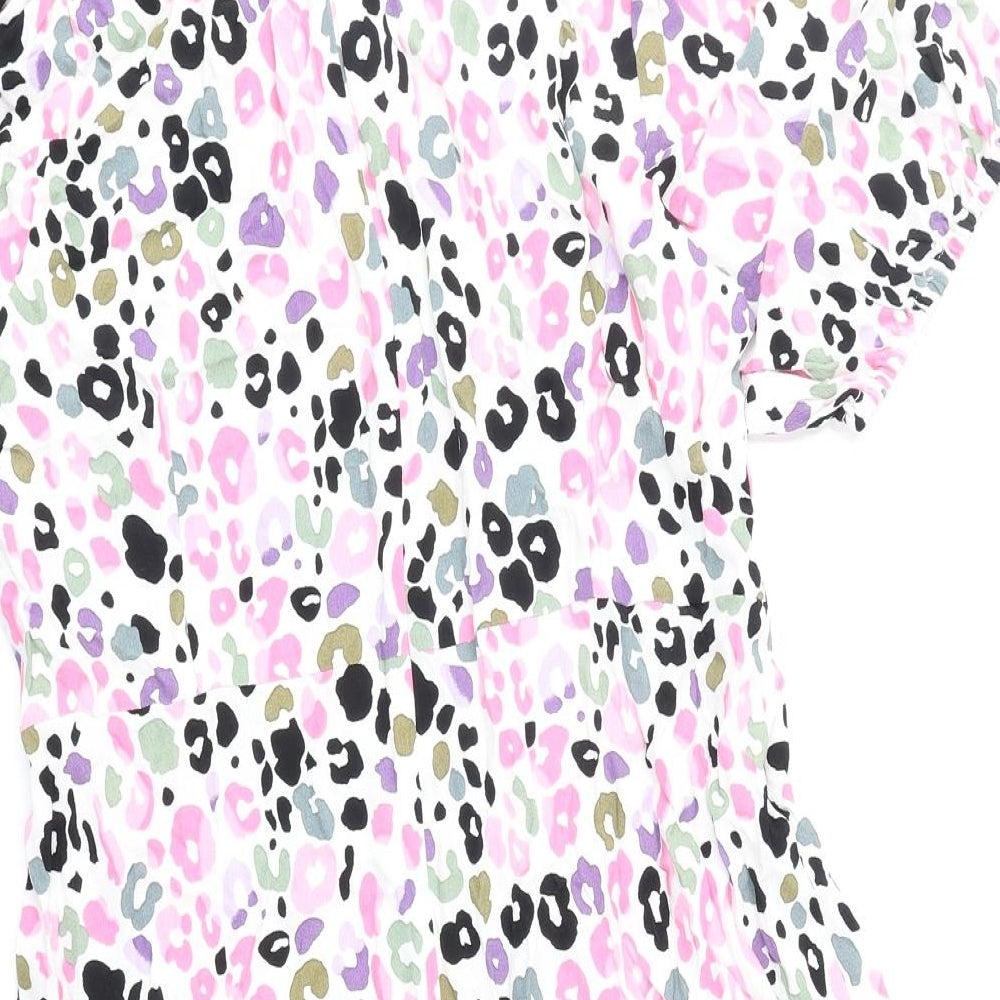 Marks and Spencer Womens Pink Animal Print Viscose Skater Dress Size 16 Round Neck Zip - Leopard Print