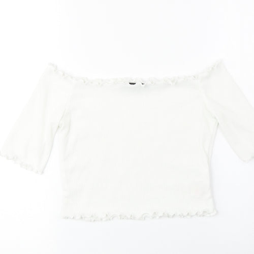 Boohoo Womens White Polyester Cropped T-Shirt Size 6 Boat Neck