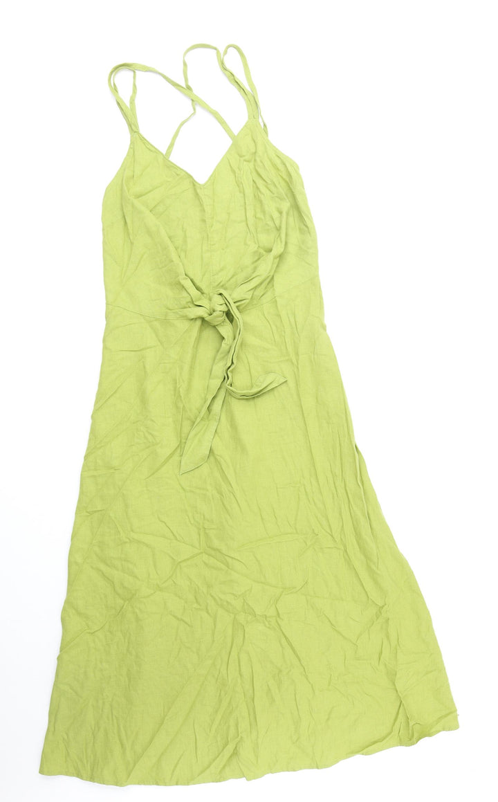 Marks and Spencer Womens Green 100% Cotton Slip Dress Size 6 V-Neck Zip - Tie Front
