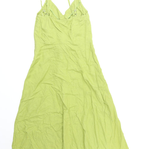 Marks and Spencer Womens Green 100% Cotton Slip Dress Size 6 V-Neck Zip - Tie Front