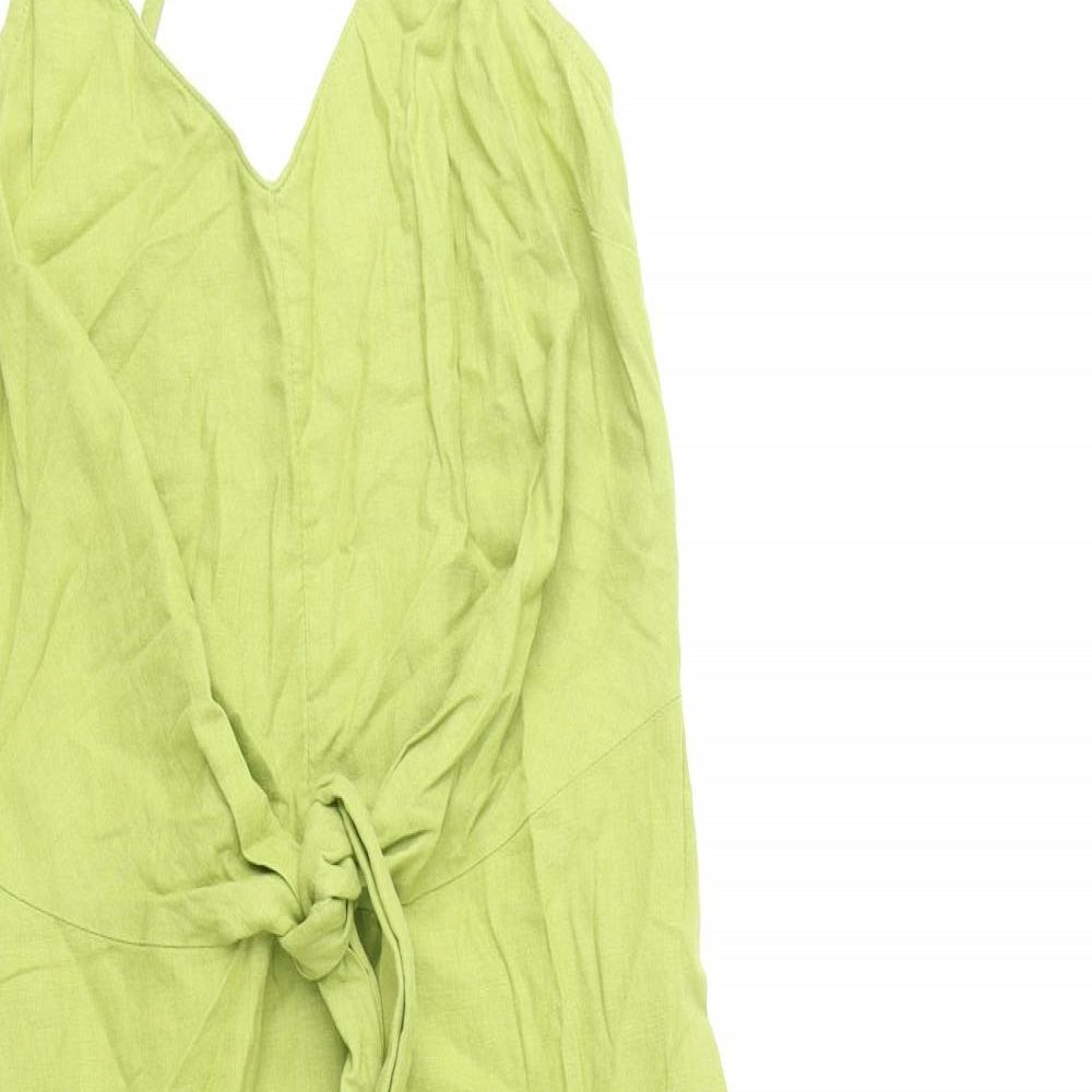 Marks and Spencer Womens Green 100% Cotton Slip Dress Size 6 V-Neck Zip - Tie Front