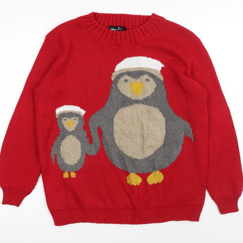 why not? Womens Red Round Neck Acrylic Pullover Jumper Size M - Christmas Penguin
