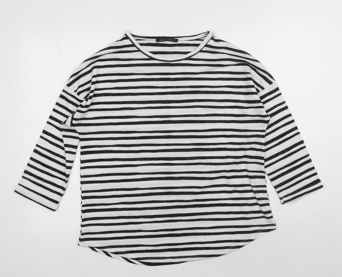 Marks and Spencer Womens White Striped Polyester Basic Blouse Size 14 Scoop Neck