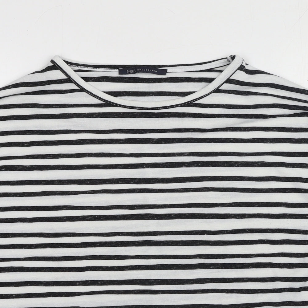 Marks and Spencer Womens White Striped Polyester Basic Blouse Size 14 Scoop Neck