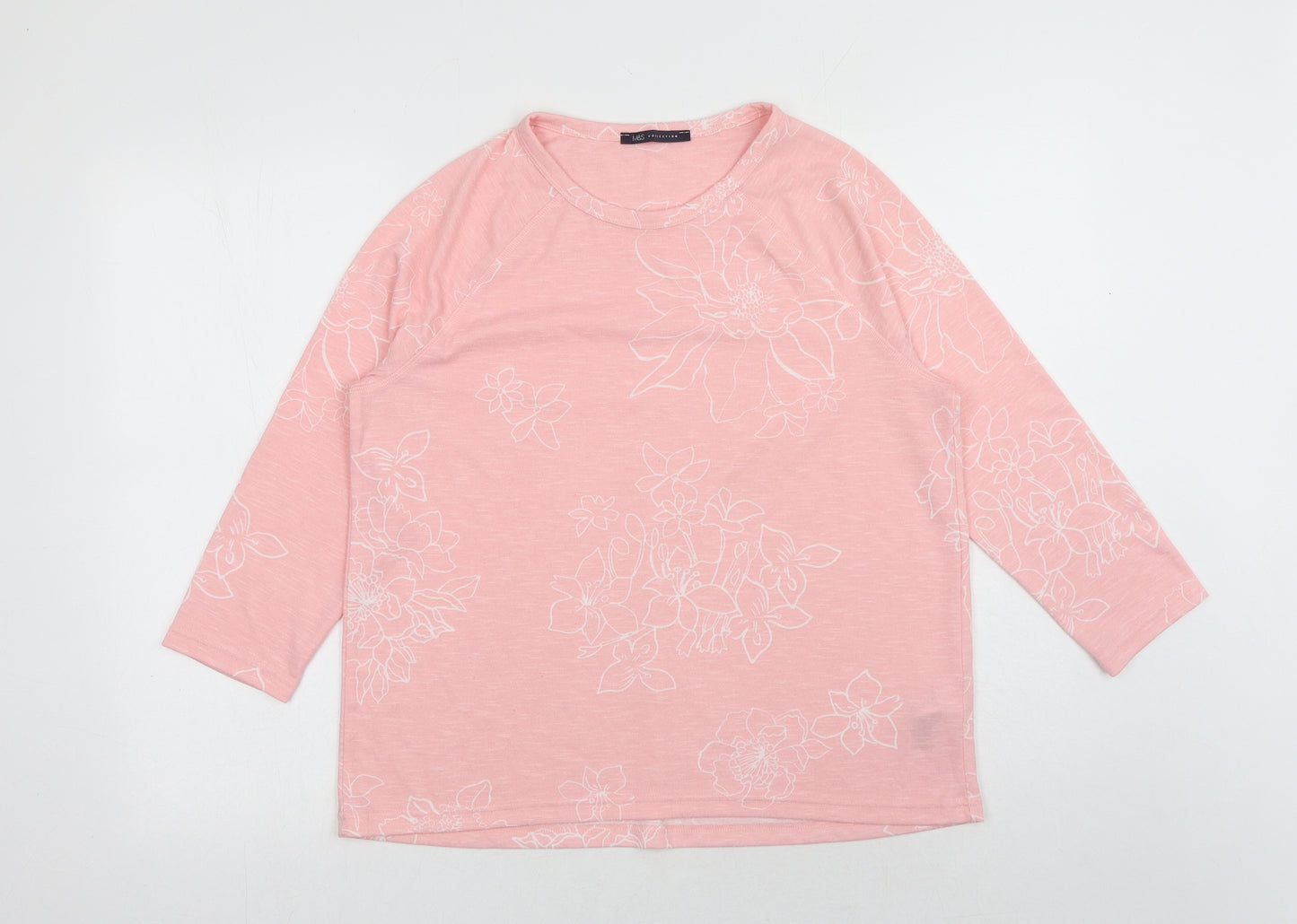 Marks and Spencer Womens Pink Floral Polyester Basic Blouse Size 14 Scoop Neck
