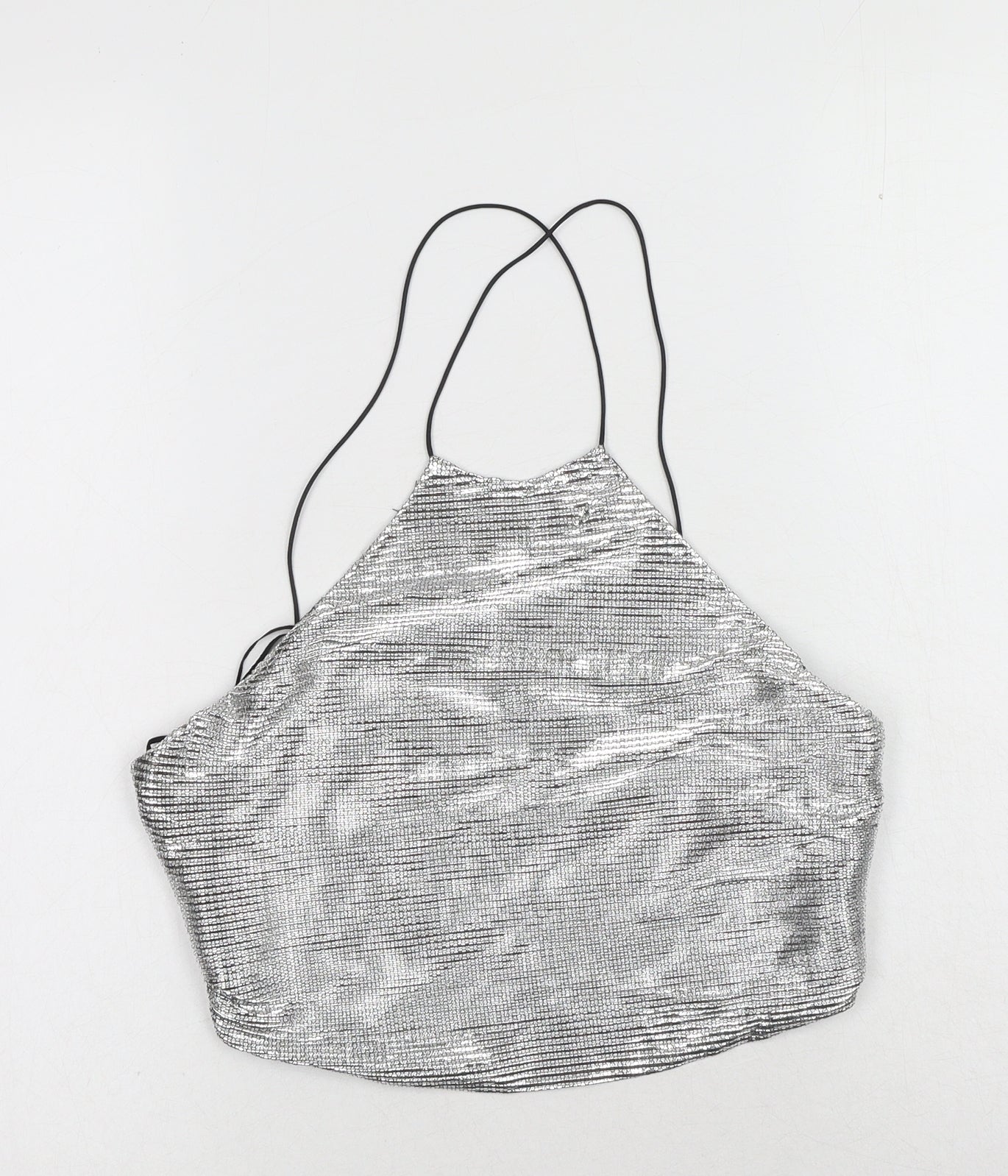 Zara Womens Silver Polyester Cropped Tank Size S Scoop Neck - Lace Up Back Detail