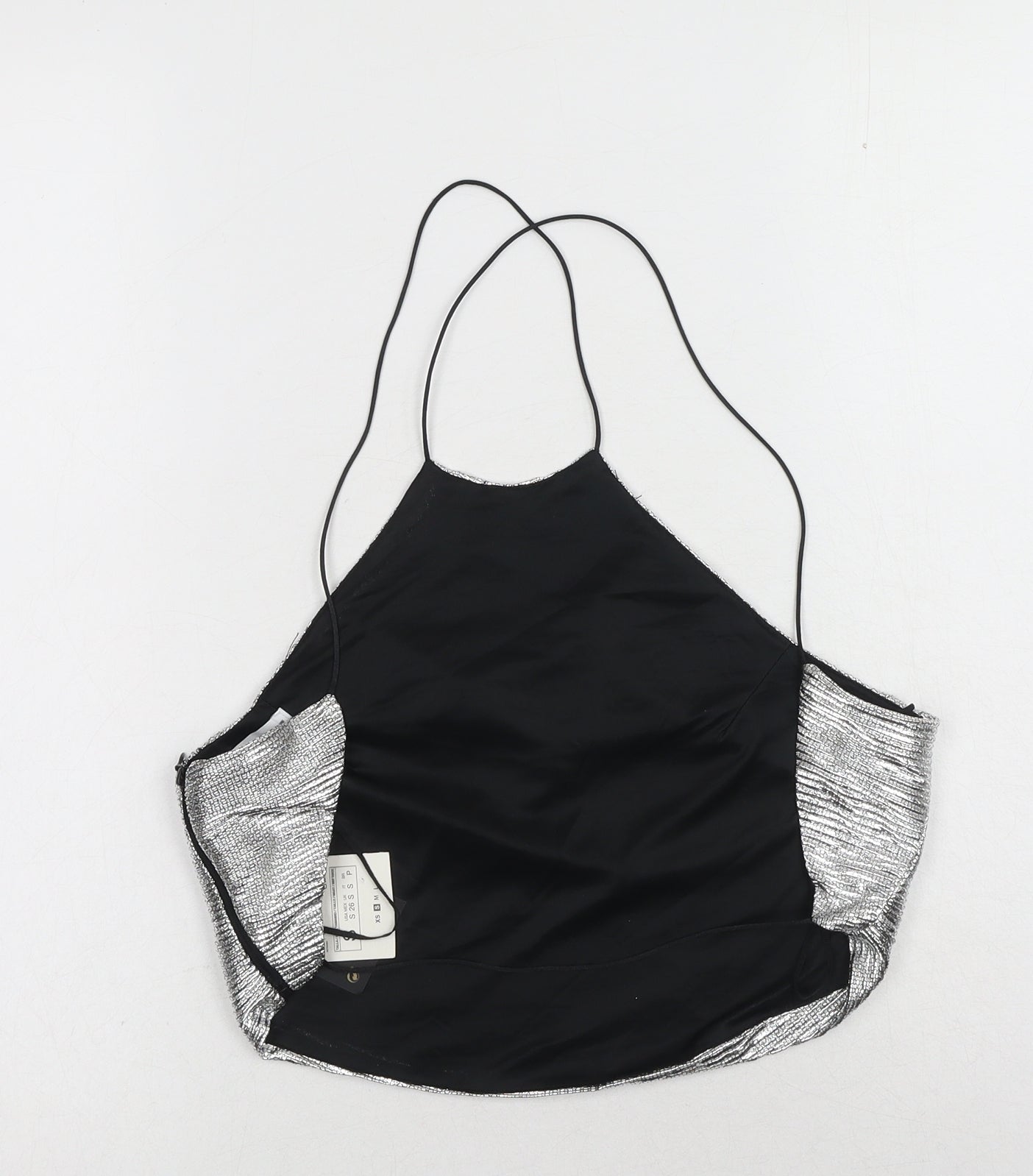 Zara Womens Silver Polyester Cropped Tank Size S Scoop Neck - Lace Up Back Detail