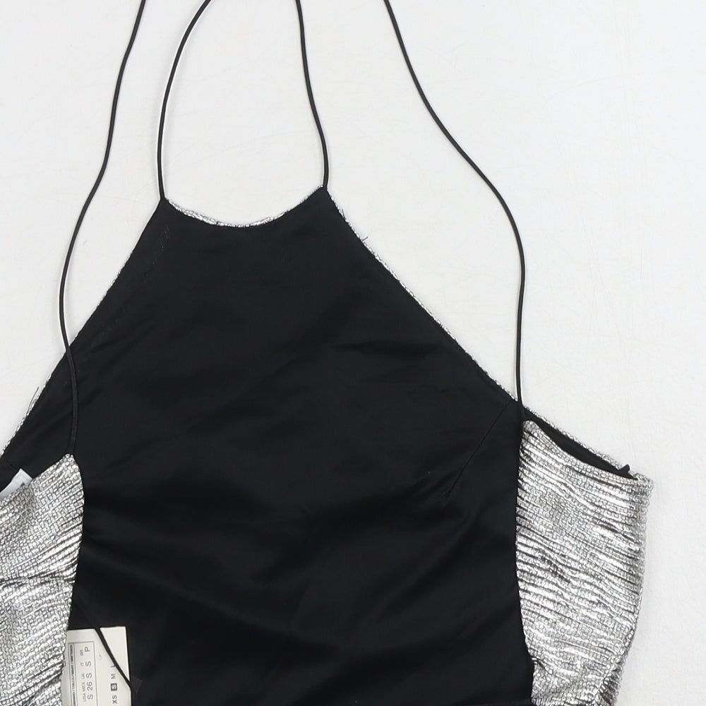 Zara Womens Silver Polyester Cropped Tank Size S Scoop Neck - Lace Up Back Detail
